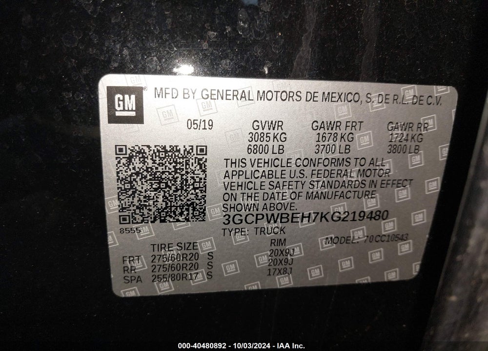 2019 CHEVROLET SILVERADO 1500 CUSTOM VIN: 3GCPWBEH7KG219480