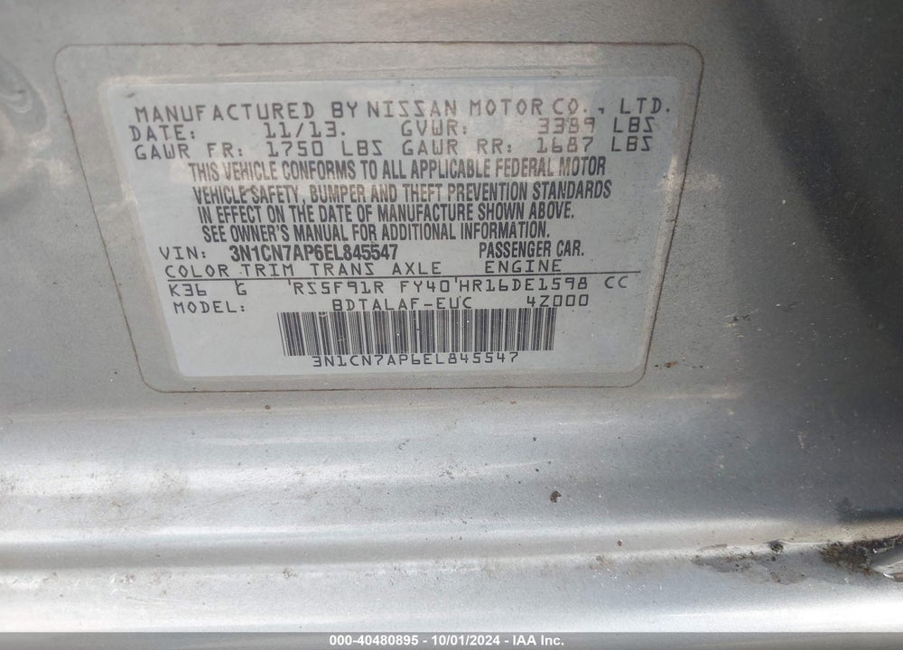 2014 NISSAN VERSA 1.6 S+ VIN: 3N1CN7AP6EL845547