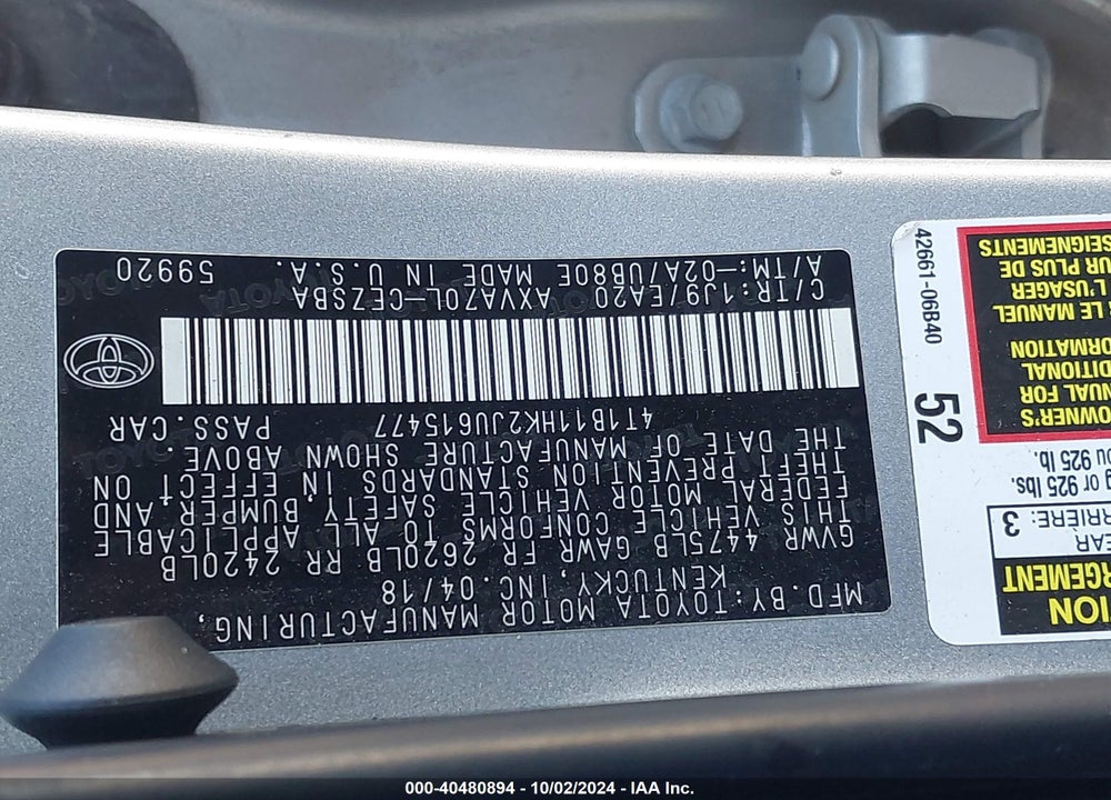 2018 TOYOTA CAMRY SE VIN: 4T1B11HK2JU615477