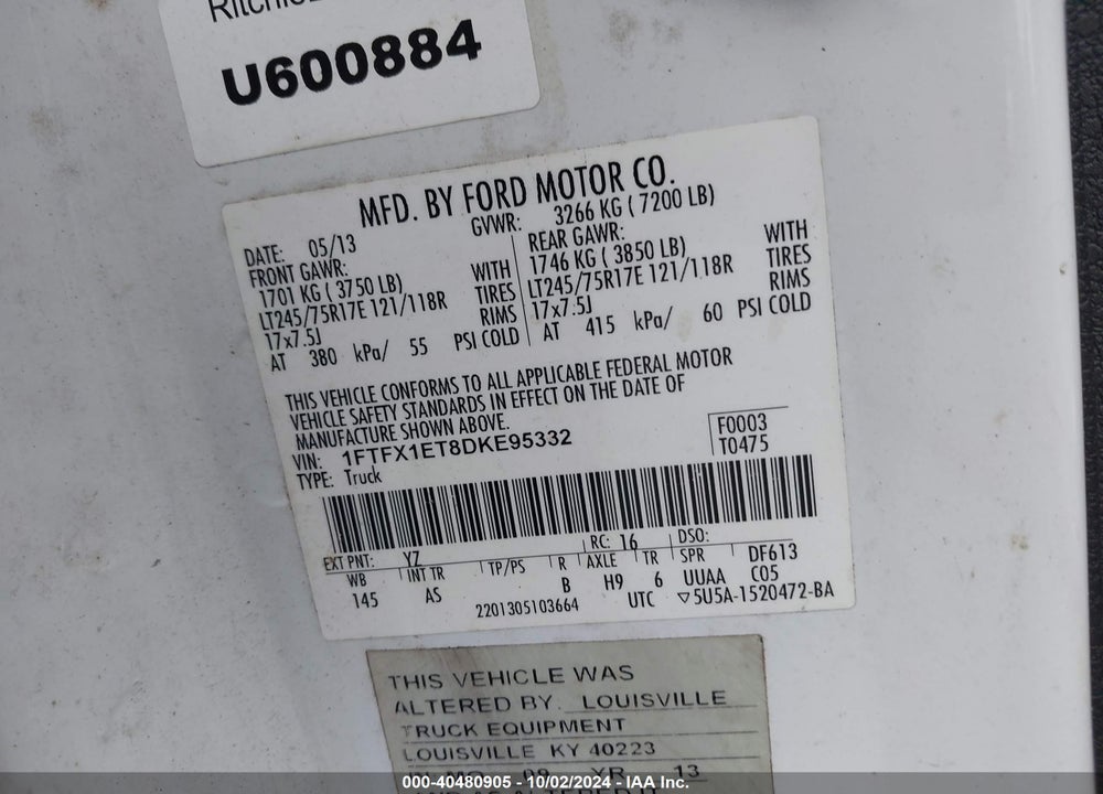 2013 FORD F-150 VIN: 1FTFX1ET8DKE95332