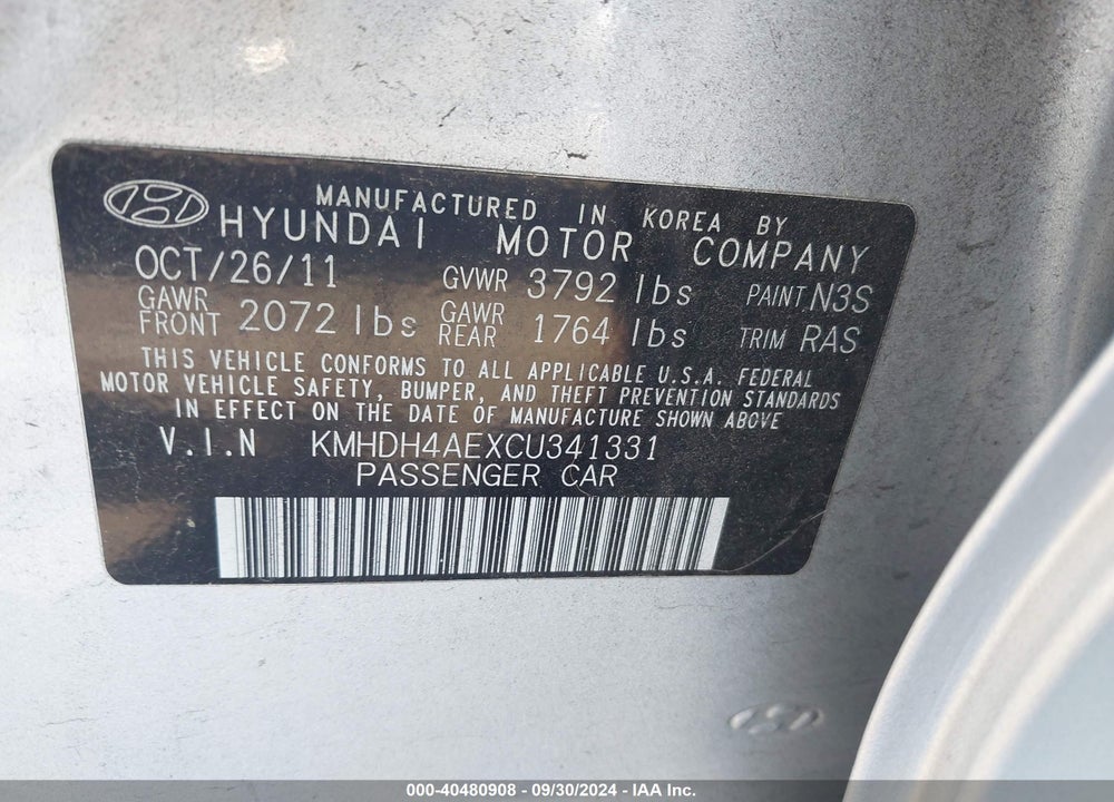 2012 HYUNDAI ELANTRA GLS (ULSAN PLANT) VIN: KMHDH4AEXCU341331