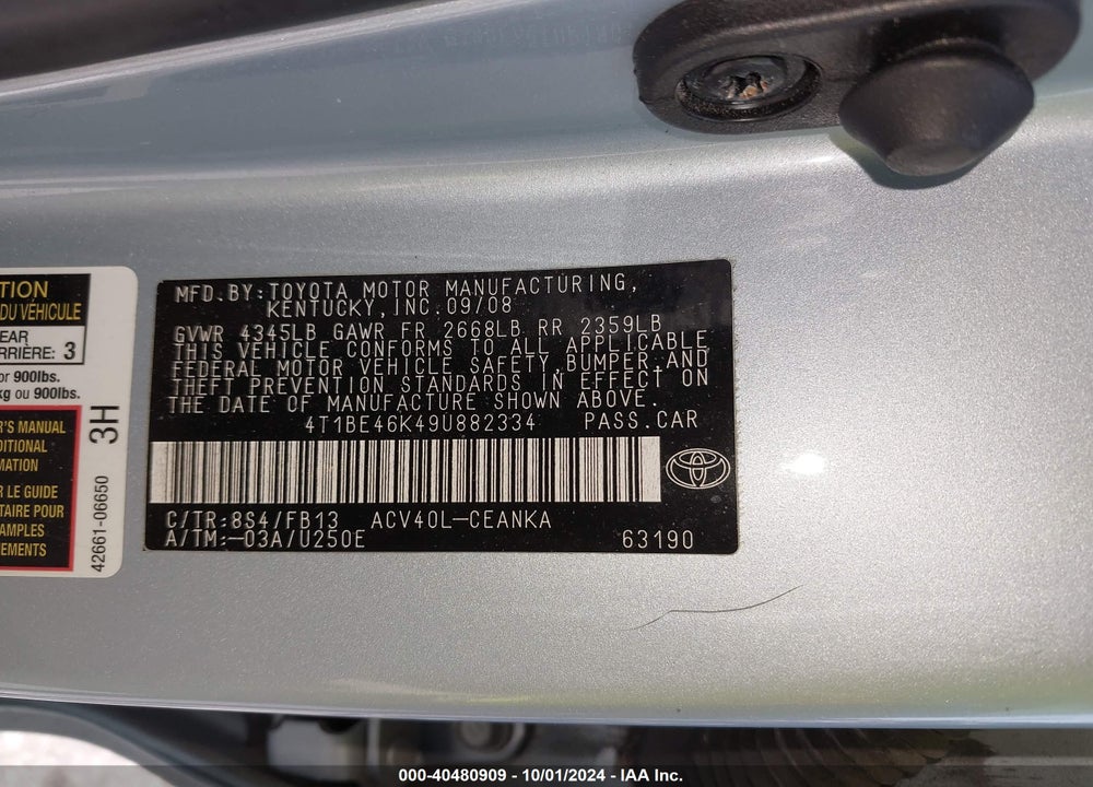2009 TOYOTA CAMRY LE VIN: 4T1BE46K49U882334