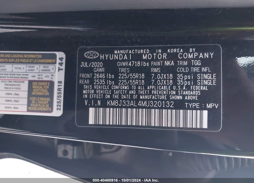 2021 HYUNDAI TUCSON SEL VIN: KM8J33AL4MU320132