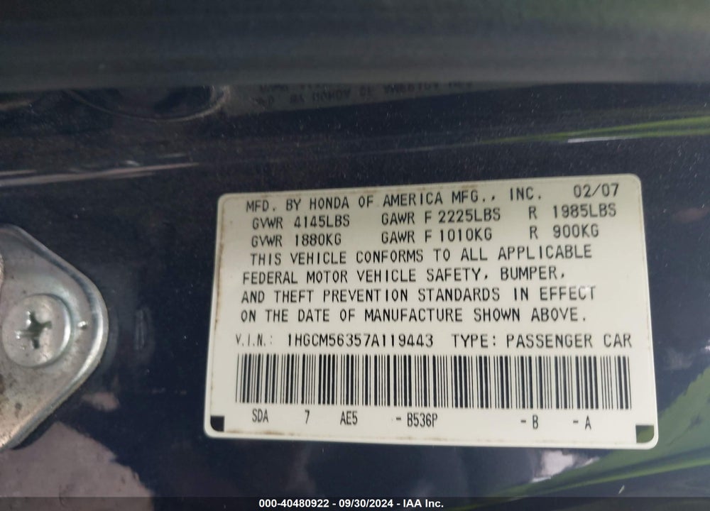 2007 HONDA ACCORD 2.4 SE VIN: 1HGCM56357A119443
