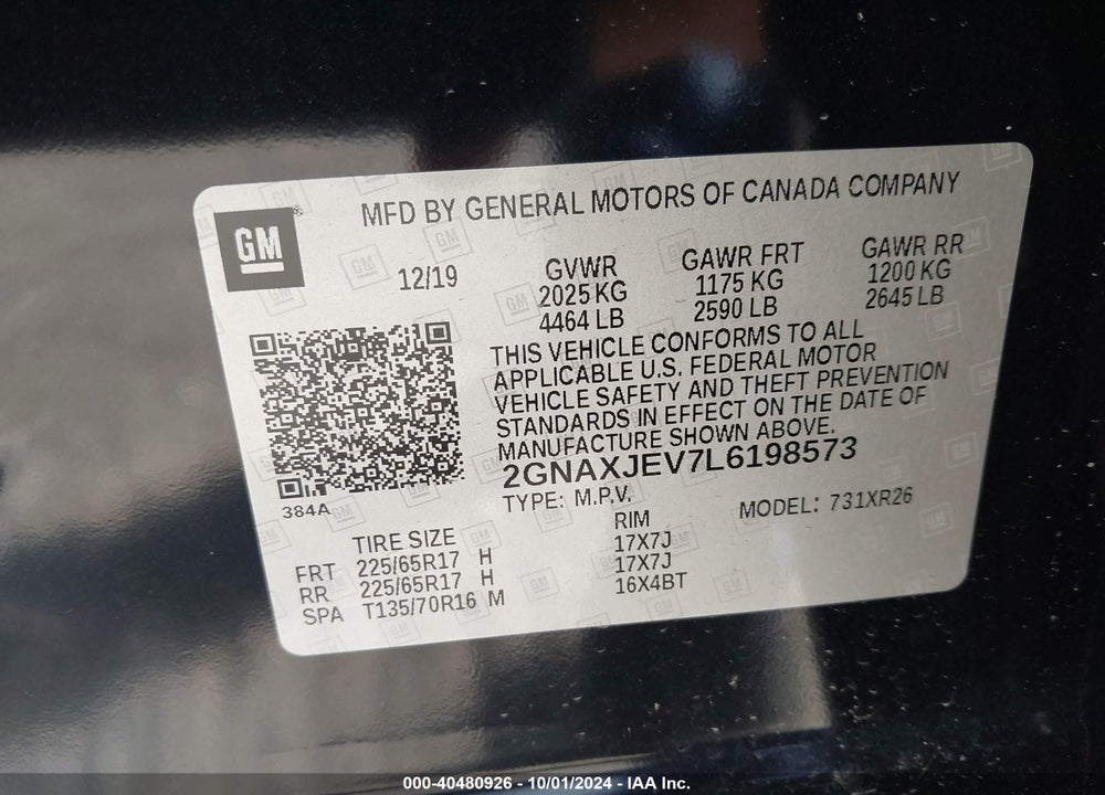 2020 CHEVROLET EQUINOX FWD 2FL VIN: 2GNAXJEV7L6198573