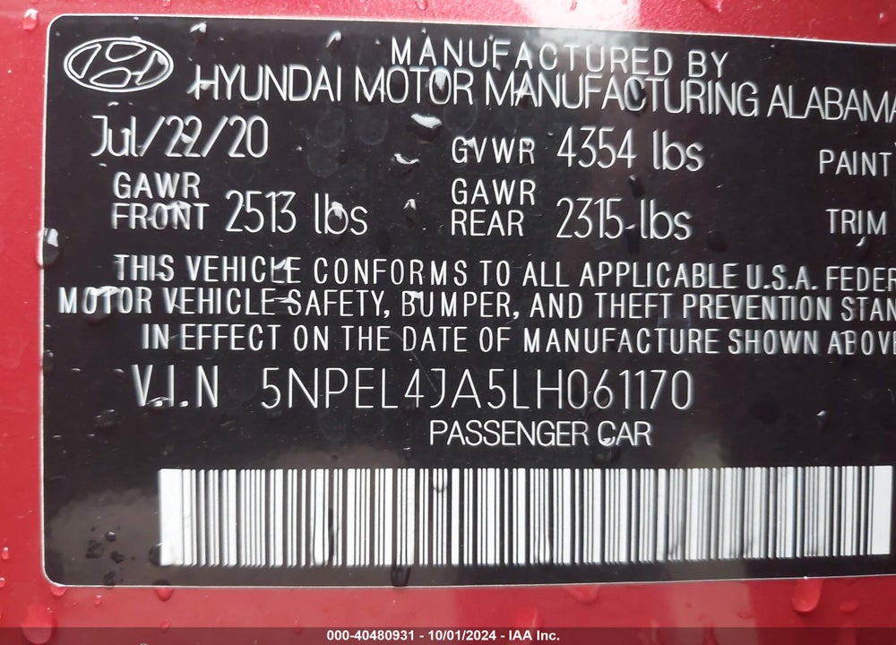 2020 HYUNDAI SONATA SEL VIN: 5NPEL4JA5LH061170