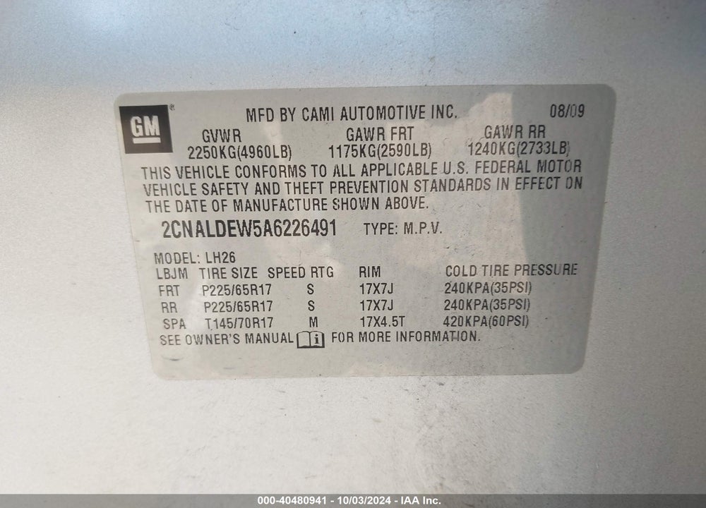 2010 CHEVROLET EQUINOX LT VIN: 2CNALDEW5A6226491