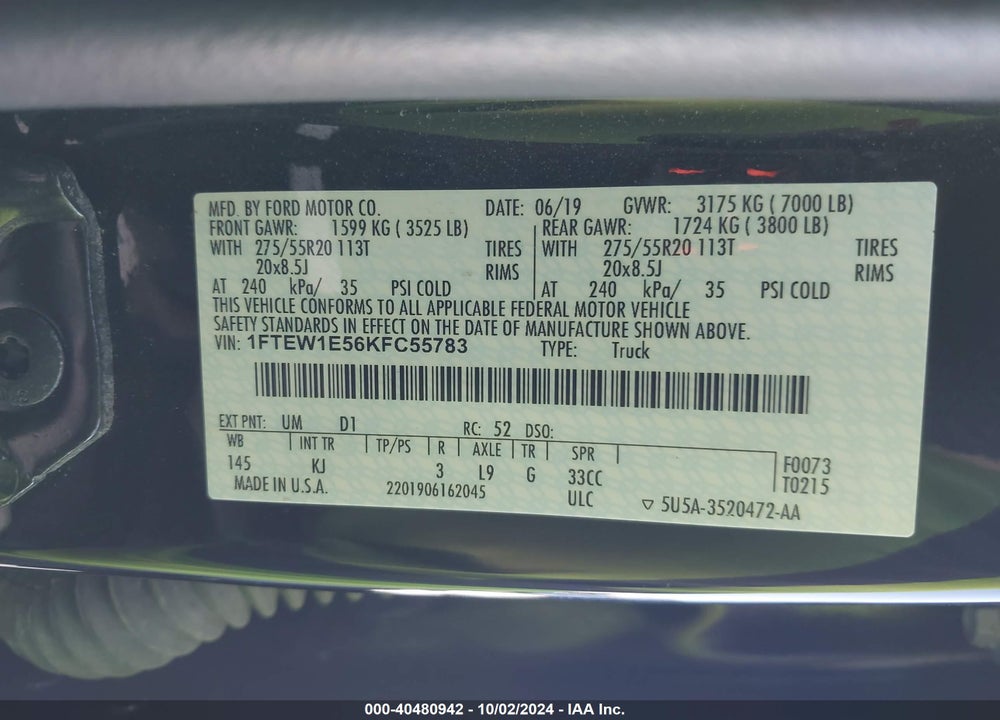 2019 FORD F-150 KING RANCH VIN: 1FTEW1E56KFC55783