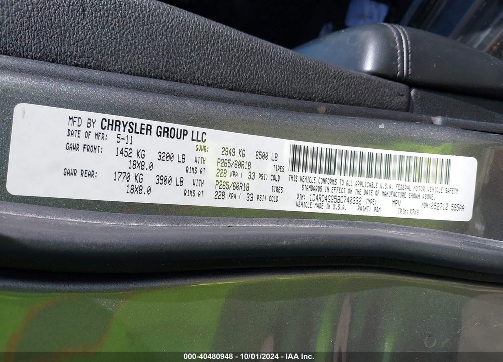 2011 DODGE DURANGO CREW VIN: 1D4RD4GG5BC740332