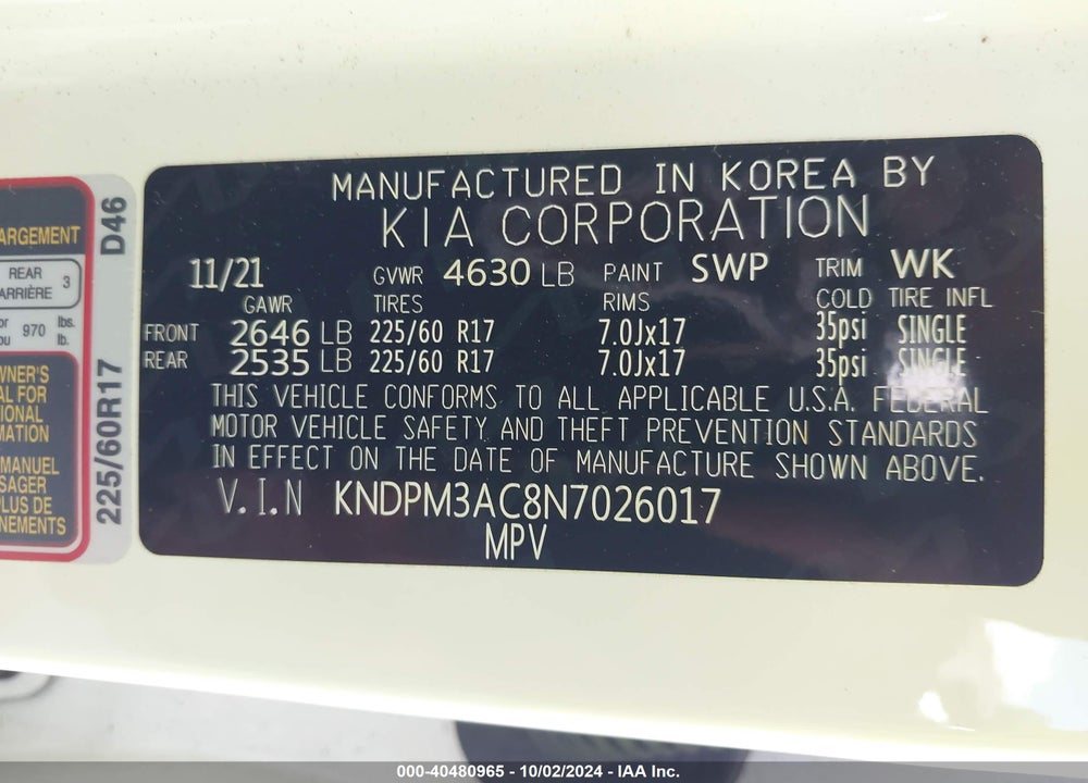 2022 KIA SPORTAGE LX VIN: KNDPM3AC8N7026017