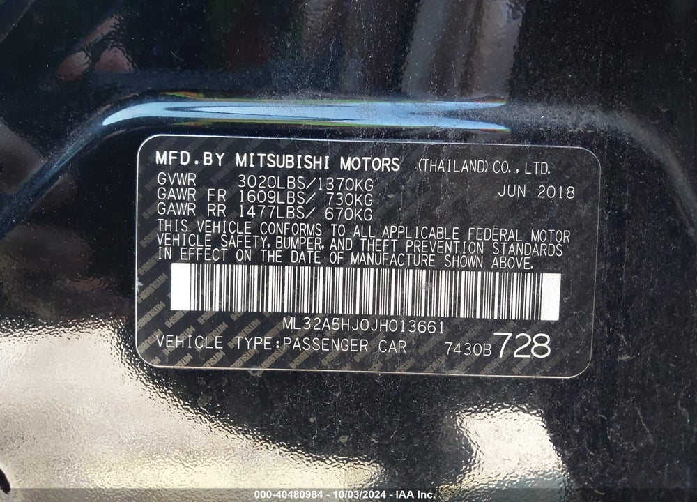 2018 MITSUBISHI MIRAGE GT VIN: ML32A5HJ0JH013661