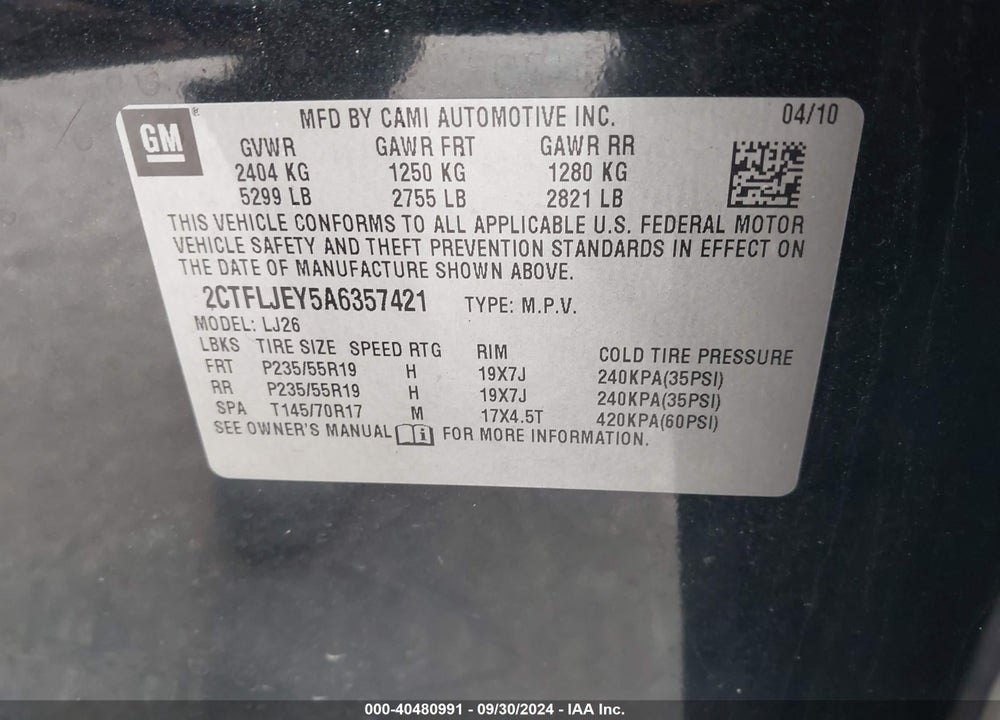 2010 GMC TERRAIN SLT-2 VIN: 2CTFLJEY5A6357421