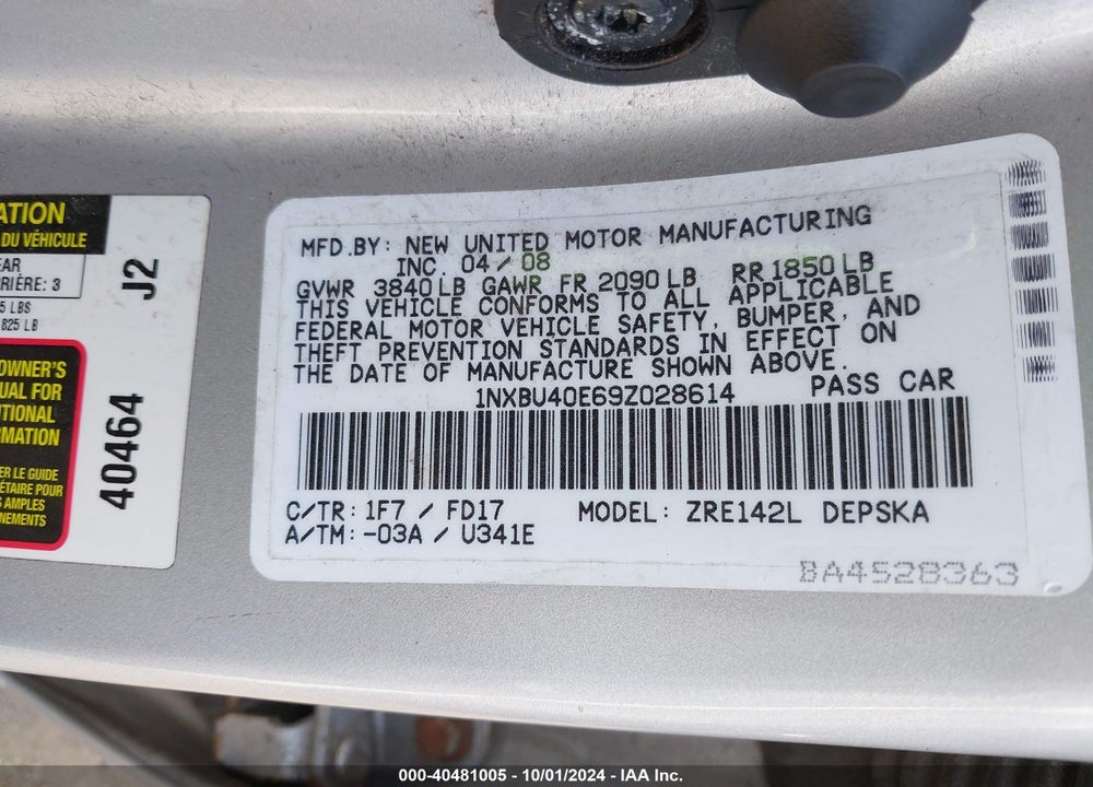 2009 TOYOTA COROLLA S VIN: 1NXBU40E69Z028614