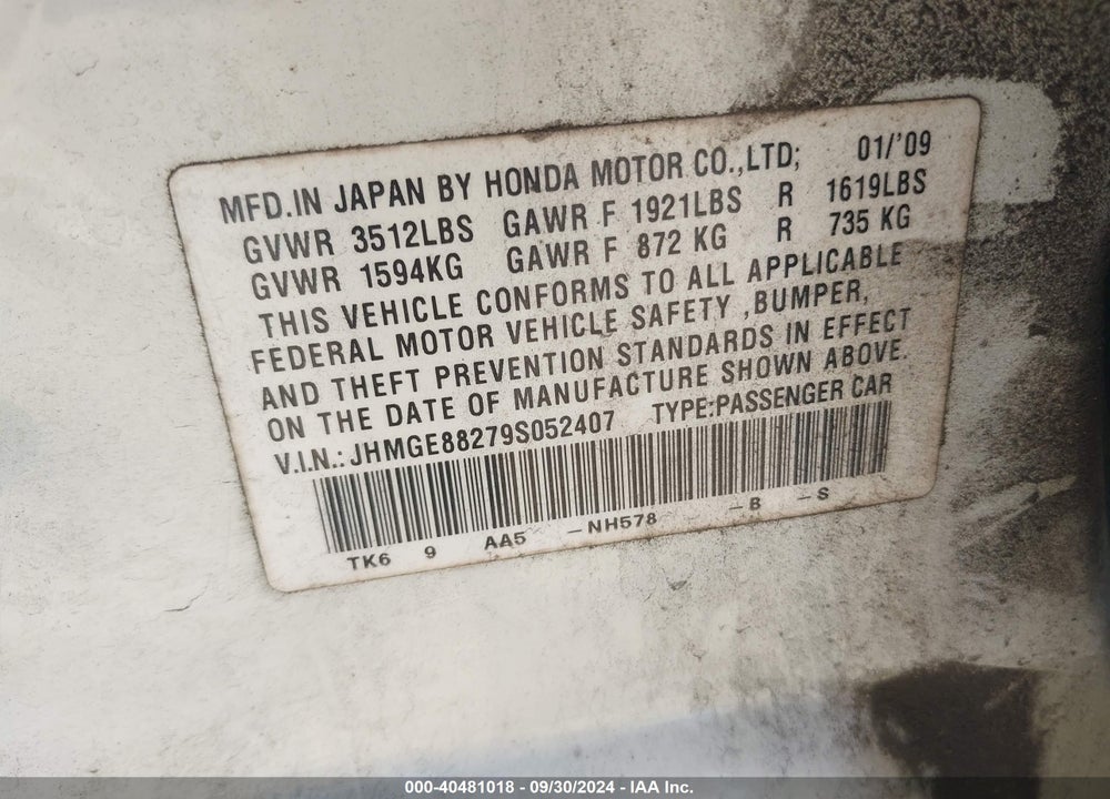2009 HONDA FIT VIN: JHMGE88279S052407