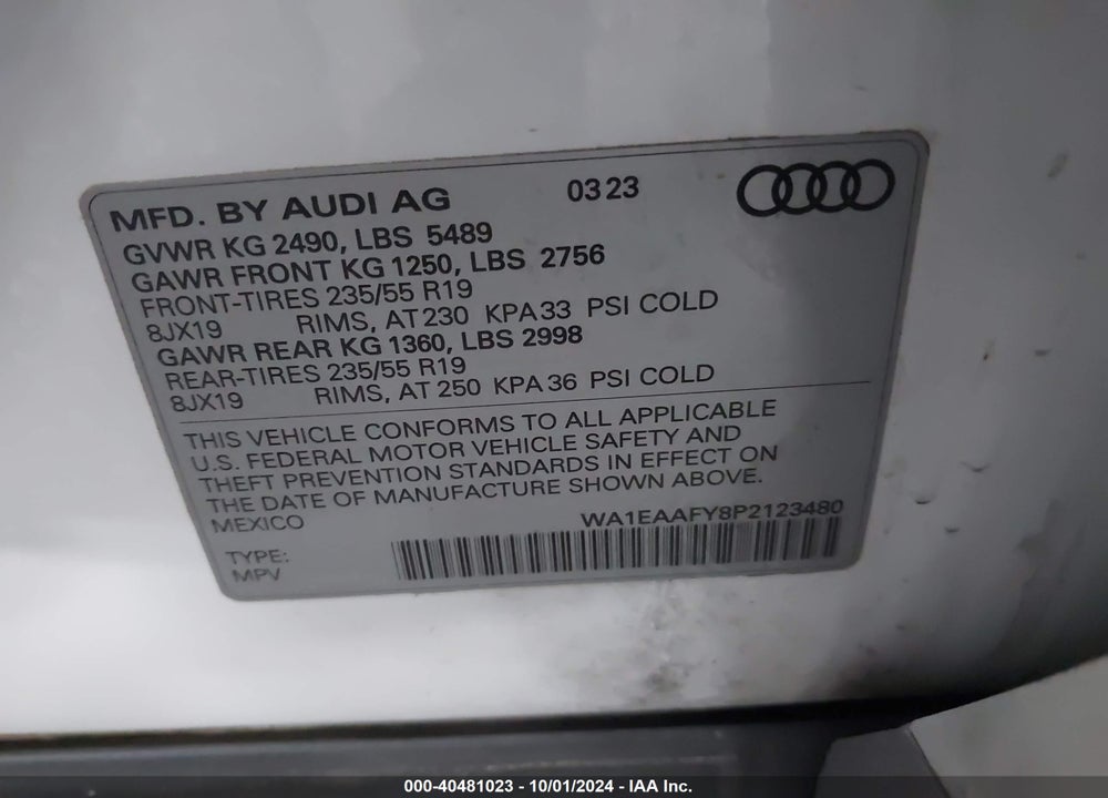 2023 AUDI Q5 PREMIUM PLUS 45 TFSI S LINE QUATTRO VIN: WA1EAAFY8P2123480