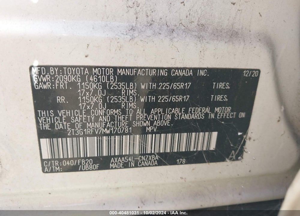 2021 TOYOTA RAV4 LE VIN: 2T3G1RFV7MW170781