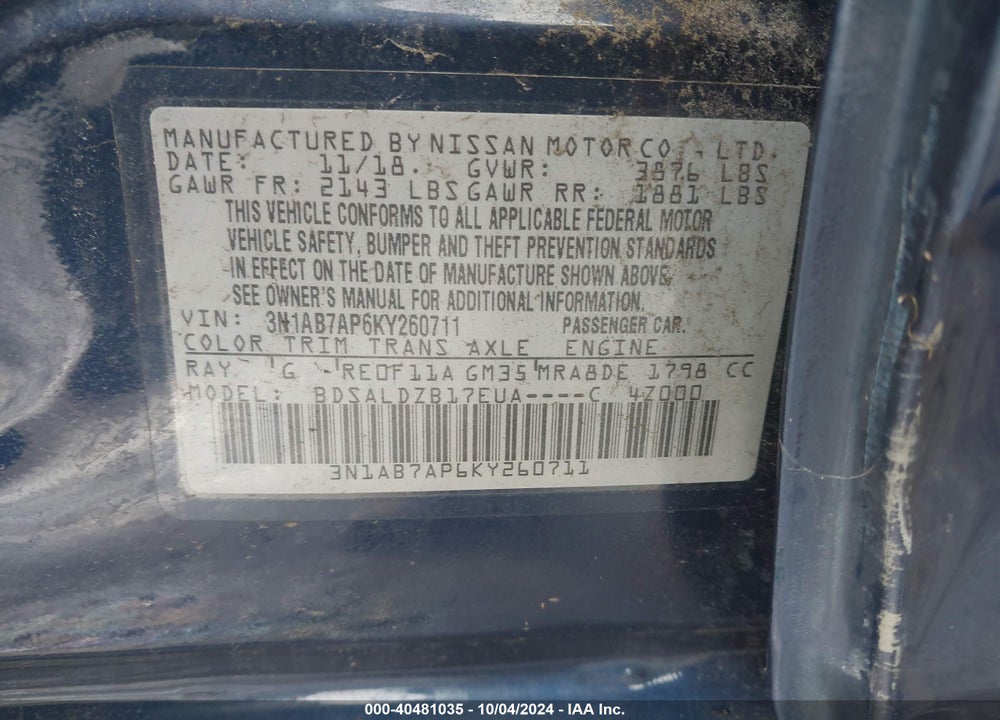 2019 NISSAN SENTRA SV VIN: 3N1AB7AP6KY260711
