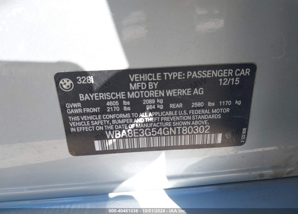2016 BMW 328I XDRIVE VIN: WBA8E3G54GNT80302