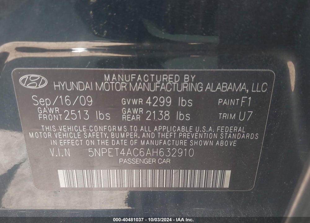 2010 HYUNDAI SONATA GLS VIN: 5NPET4AC6AH632910
