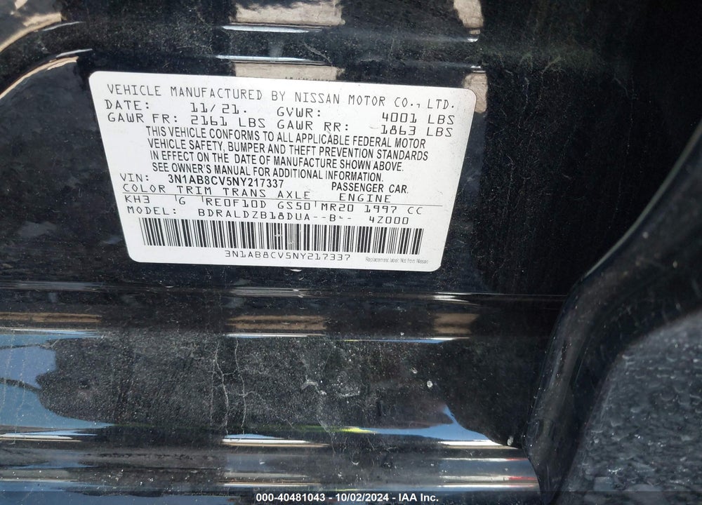 2022 NISSAN SENTRA SV XTRONIC CVT VIN: 3N1AB8CV5NY217337