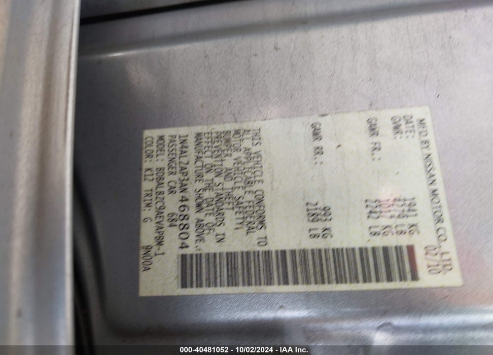 2010 NISSAN ALTIMA 2.5 S VIN: 1N4AL2AP3AN468804
