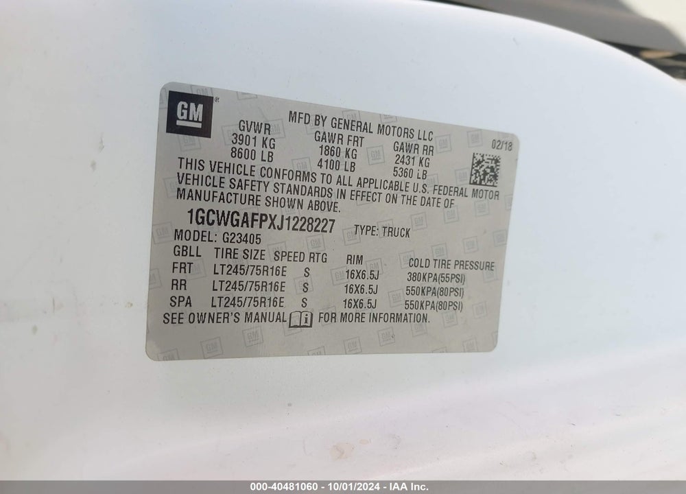 2018 CHEVROLET EXPRESS 2500 WORK VAN VIN: 1GCWGAFPXJ1228227