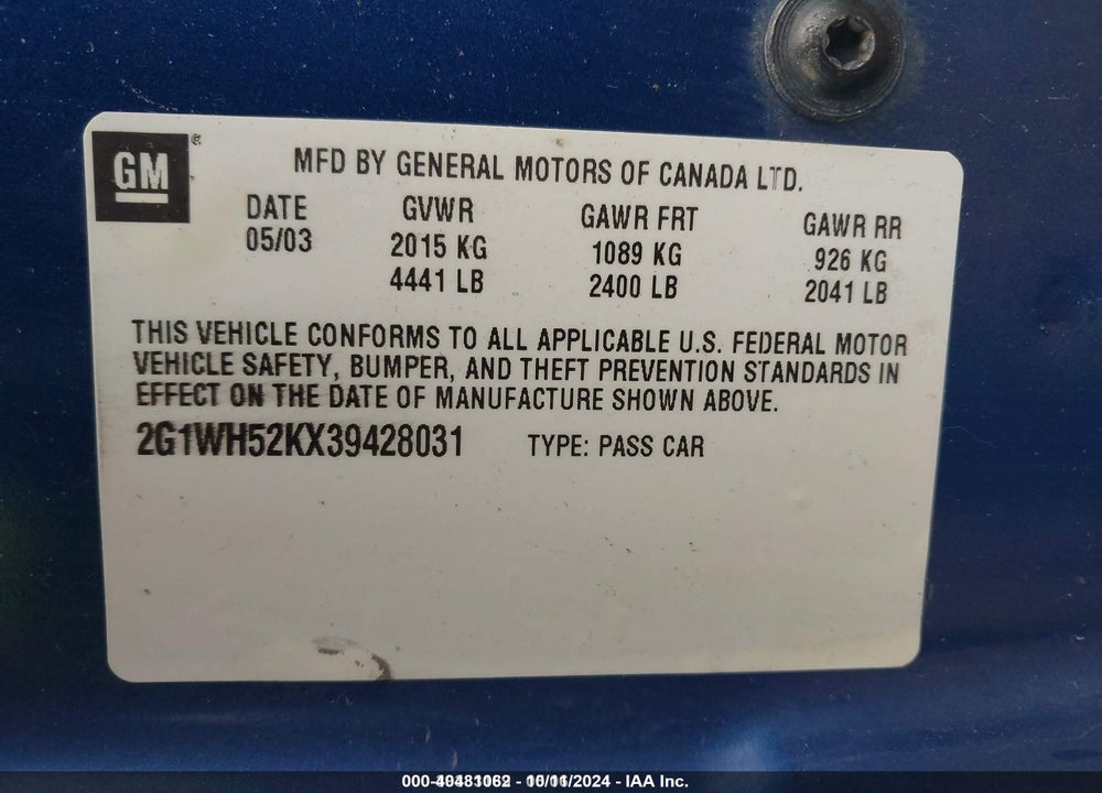 2003 CHEVROLET IMPALA LS VIN: 2G1WH52KX39428031