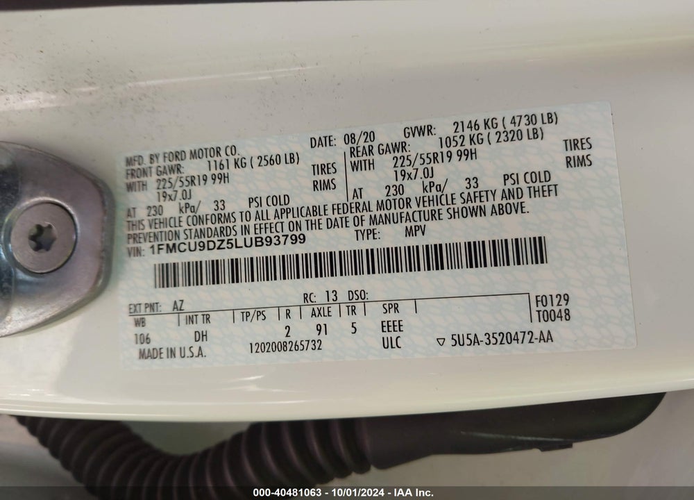 2020 FORD ESCAPE TITANIUM HYBRID VIN: 1FMCU9DZ5LUB93799