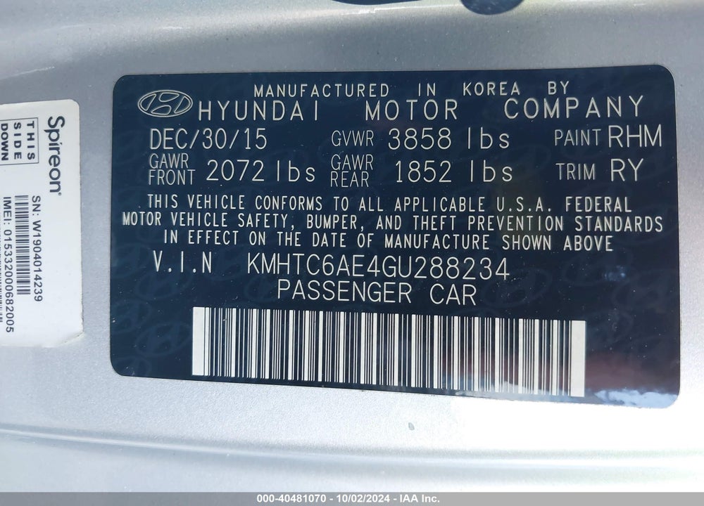 2016 HYUNDAI VELOSTER TURBO VIN: KMHTC6AE4GU288234