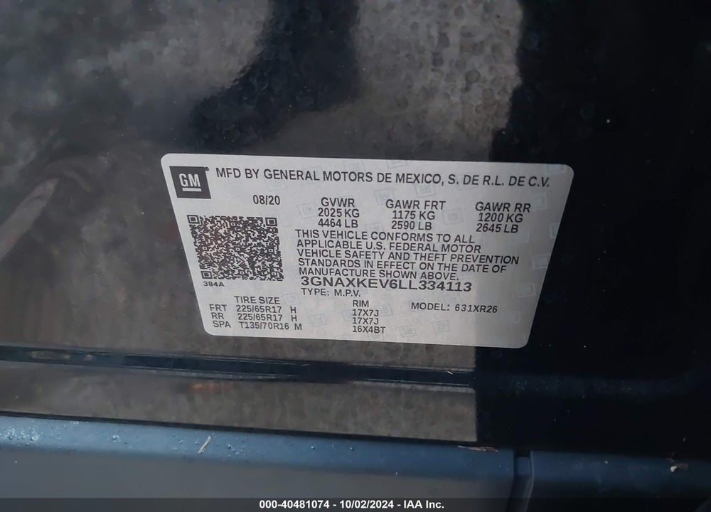 2020 CHEVROLET EQUINOX FWD LT 1.5L TURBO VIN: 3GNAXKEV6LL334113