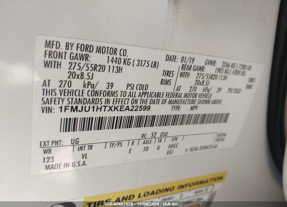 2019 FORD EXPEDITION XLT VIN: 1FMJU1HTXKEA22599
