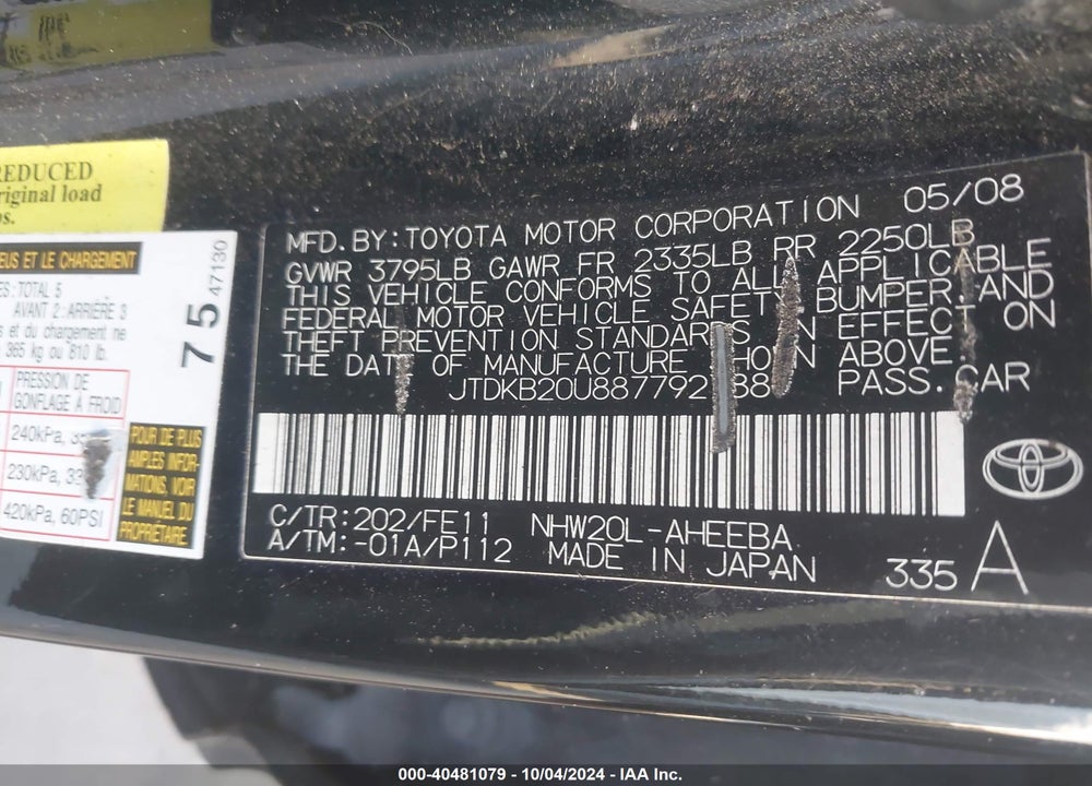 2008 TOYOTA PRIUS VIN: JTDKB20U887792788