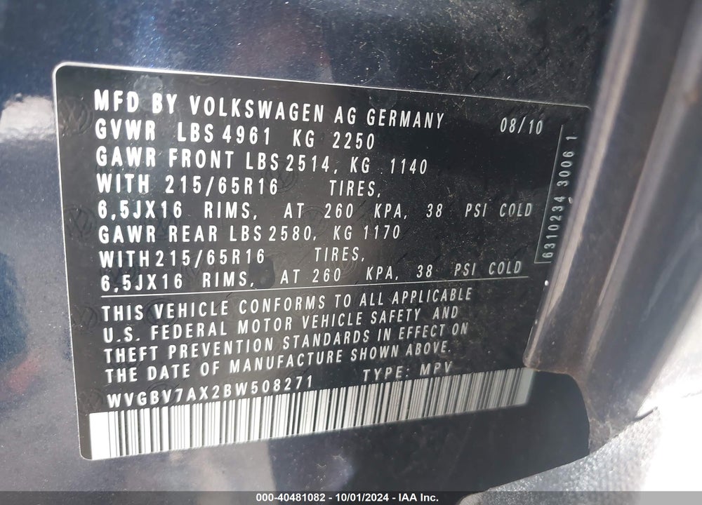2011 VOLKSWAGEN TIGUAN S VIN: WVGBV7AX2BW508271
