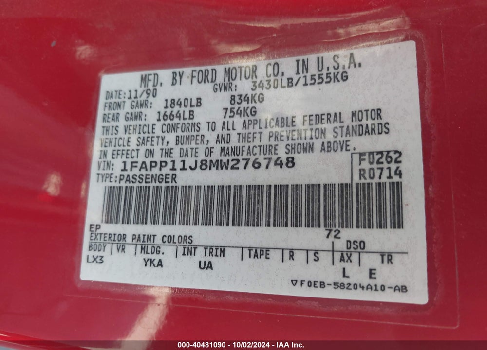 1991 FORD ESCORT LX VIN: 1FAPP11J8MW276748