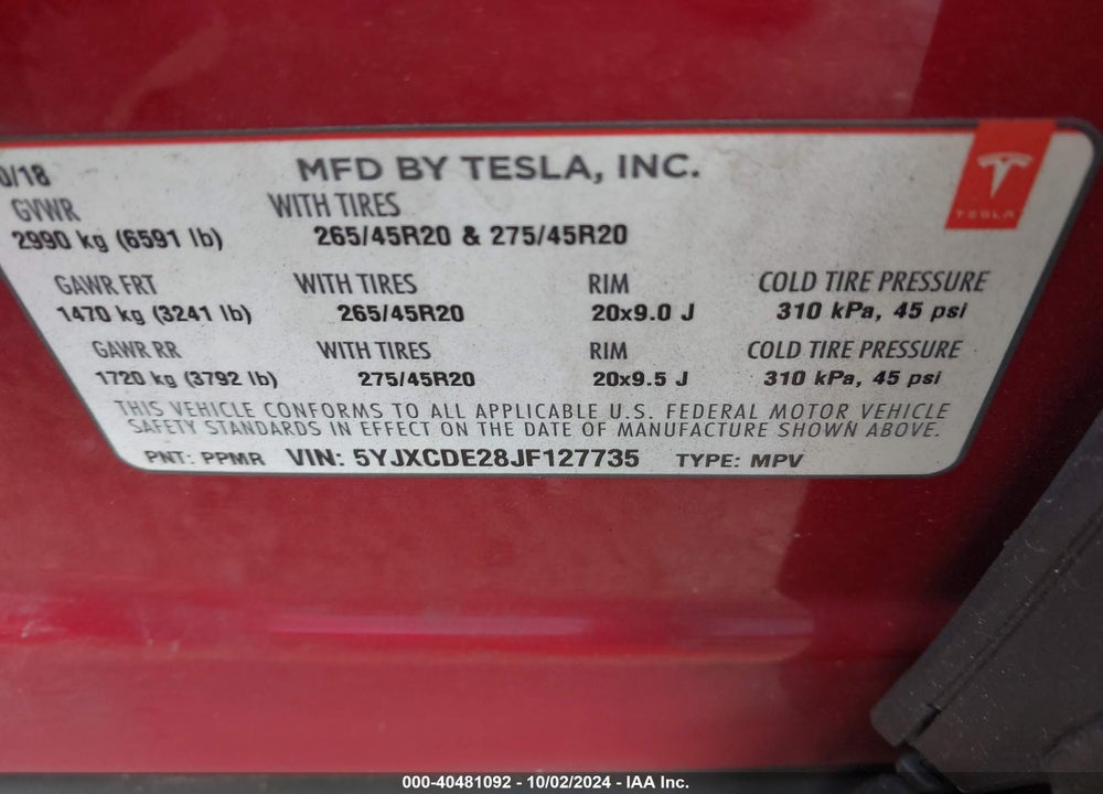 2018 TESLA MODEL X 100D/75D/P100D VIN: 5YJXCDE28JF127735