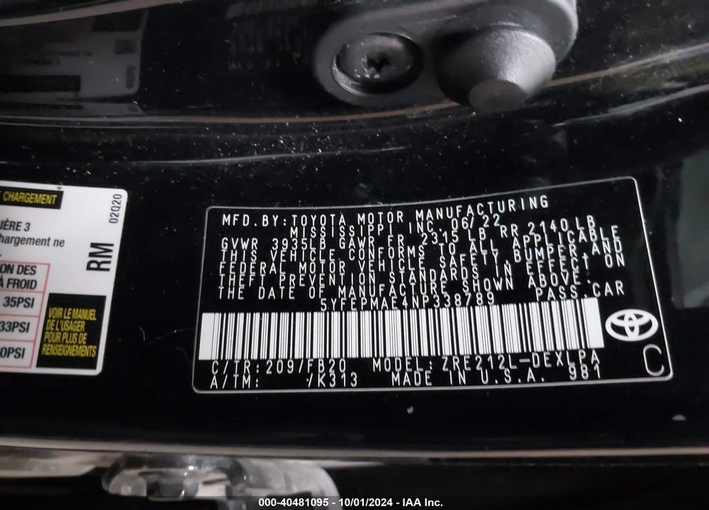 2022 TOYOTA COROLLA LE VIN: 5YFEPMAE4NP338789