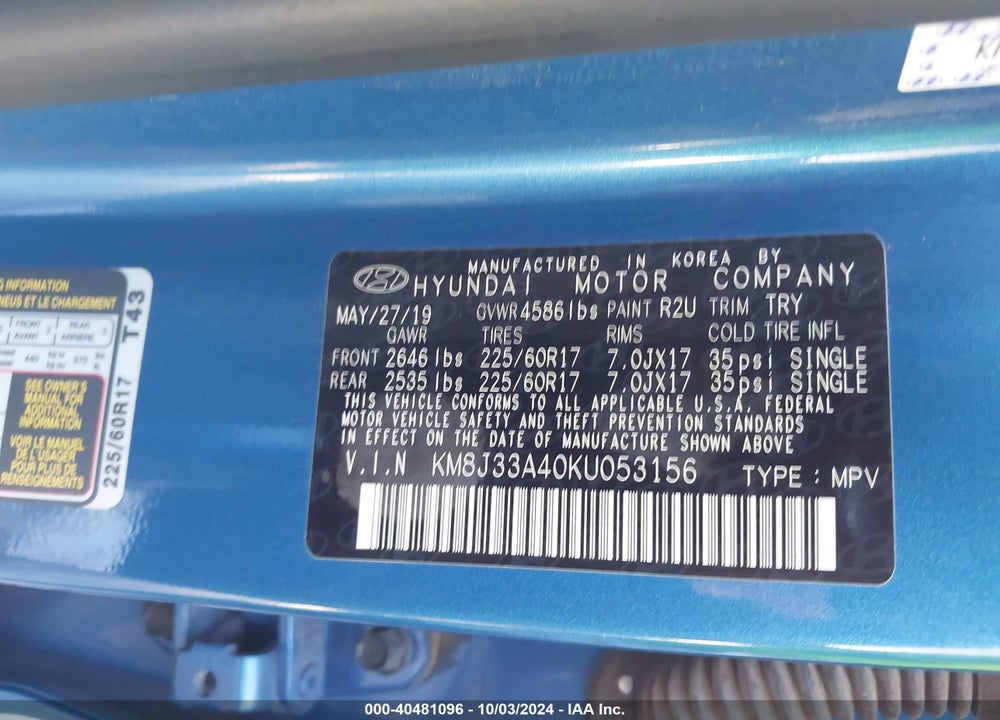 2019 HYUNDAI TUCSON VALUE VIN: KM8J33A40KU053156