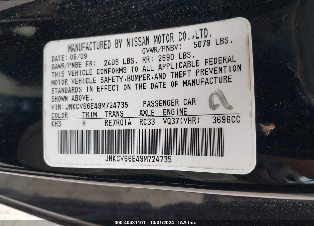 2009 INFINITI G37 VIN: JNKCV66E49M724735