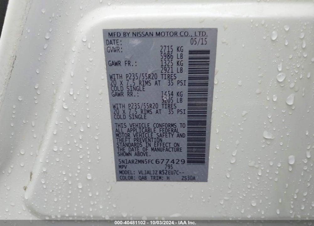 2015 NISSAN PATHFINDER PLATINUM VIN: 5N1AR2MN5FC677429