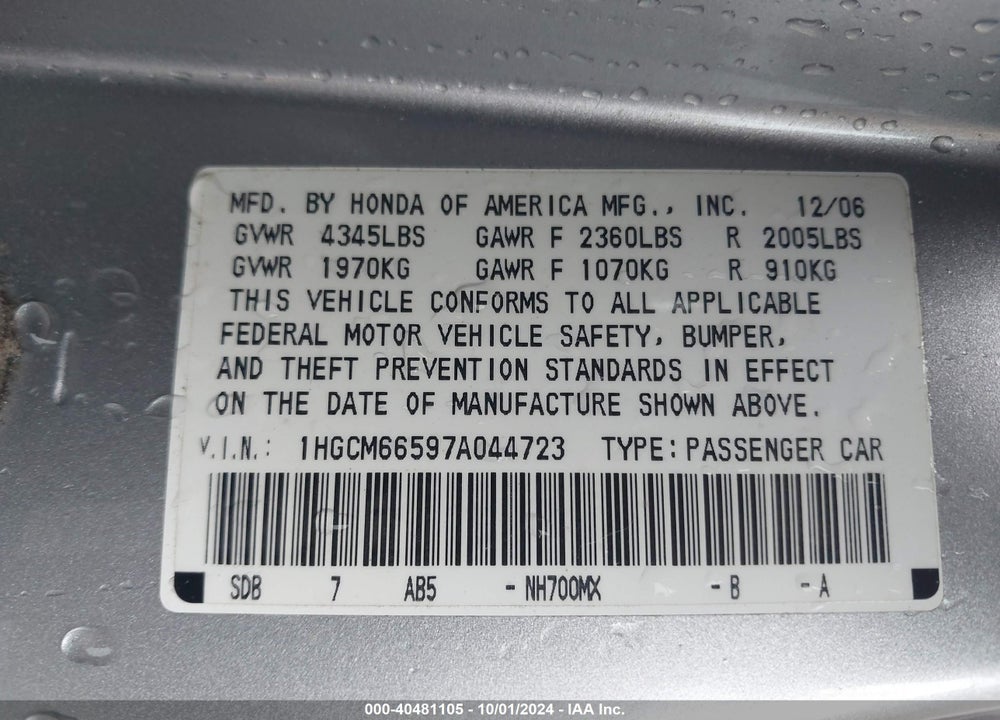 2007 HONDA ACCORD 3.0 EX VIN: 1HGCM66597A044723