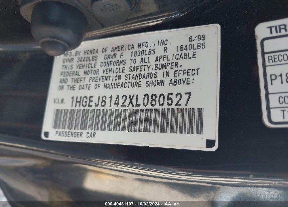 1999 HONDA CIVIC EX VIN: 1HGEJ8142XL080527