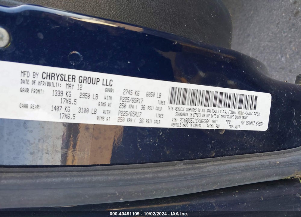 2012 DODGE GRAND CARAVAN R/T VIN: 2C4RDGEG1CR367364