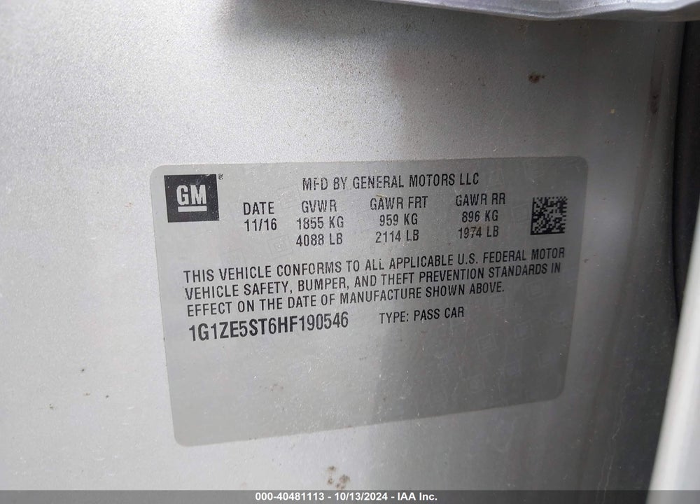 2017 CHEVROLET MALIBU 1LT VIN: 1G1ZE5ST6HF190546