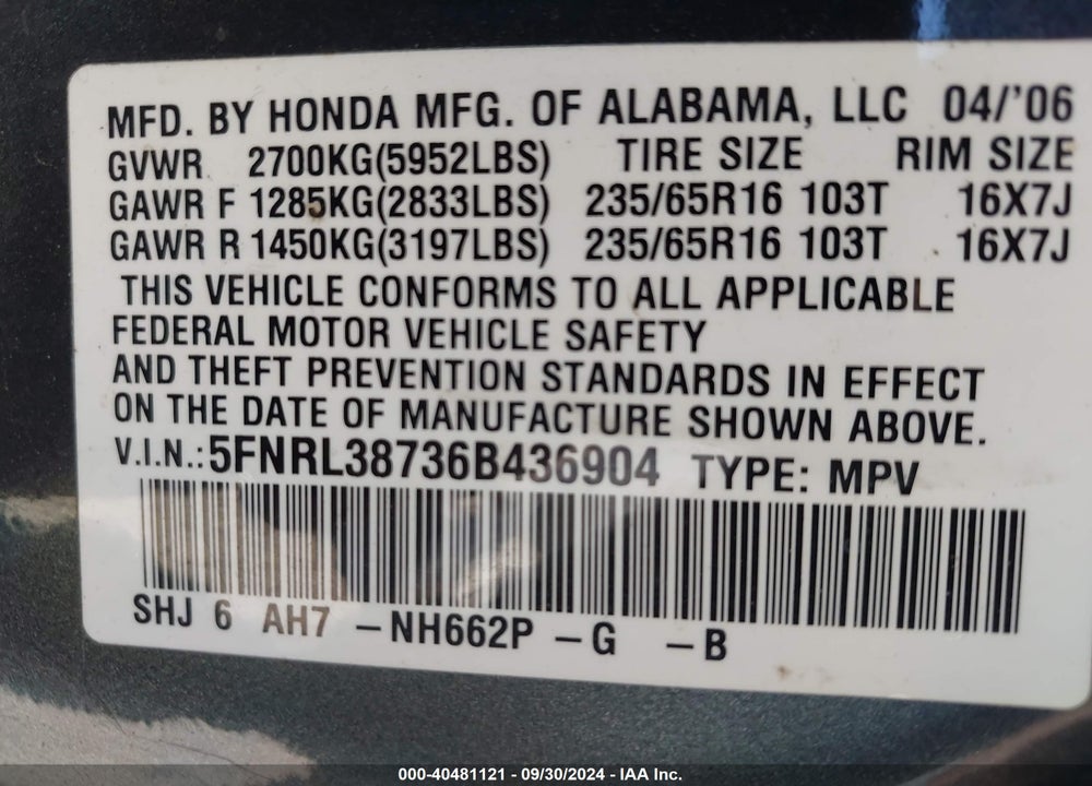 2006 HONDA ODYSSEY EX-L VIN: 5FNRL38736B436904