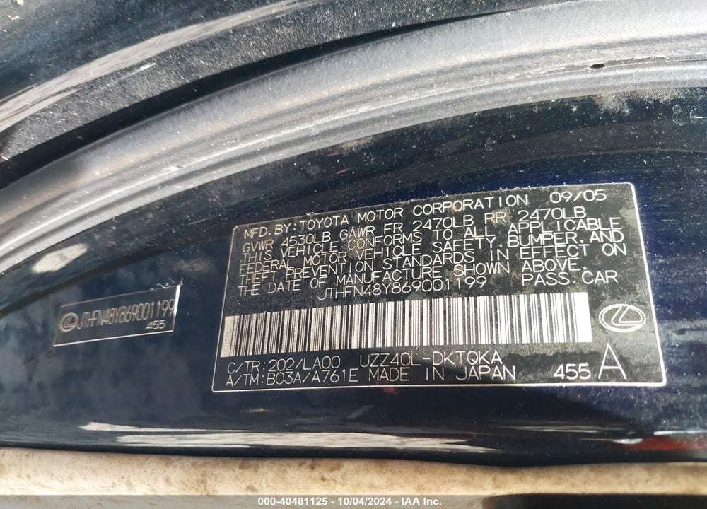 2006 LEXUS SC 430 VIN: JTHFN48Y869001199
