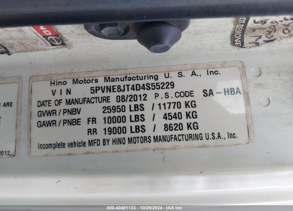 2013 HINO 258/268 VIN: 5PVNE8JT4D4S55229