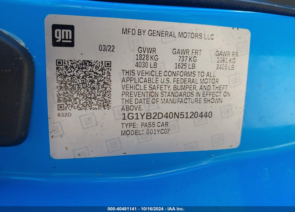 2022 CHEVROLET CORVETTE STINGRAY RWD 2LT VIN: 1G1YB2D40N5120440