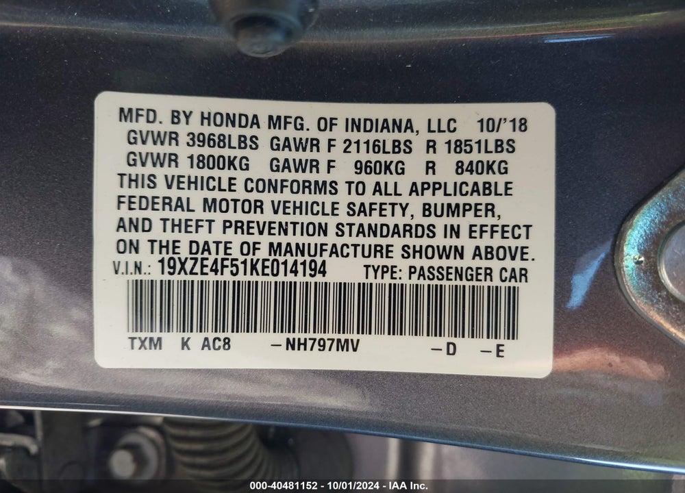 2019 HONDA INSIGHT EX VIN: 19XZE4F51KE014194