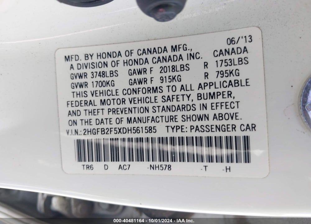 2013 HONDA CIVIC LX VIN: 2HGFB2F5XDH561585