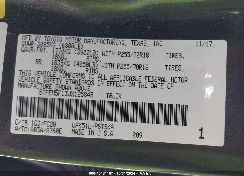 2018 TOYOTA TUNDRA SR5 4.6L V8 VIN: 5TFEM5F13JX125848
